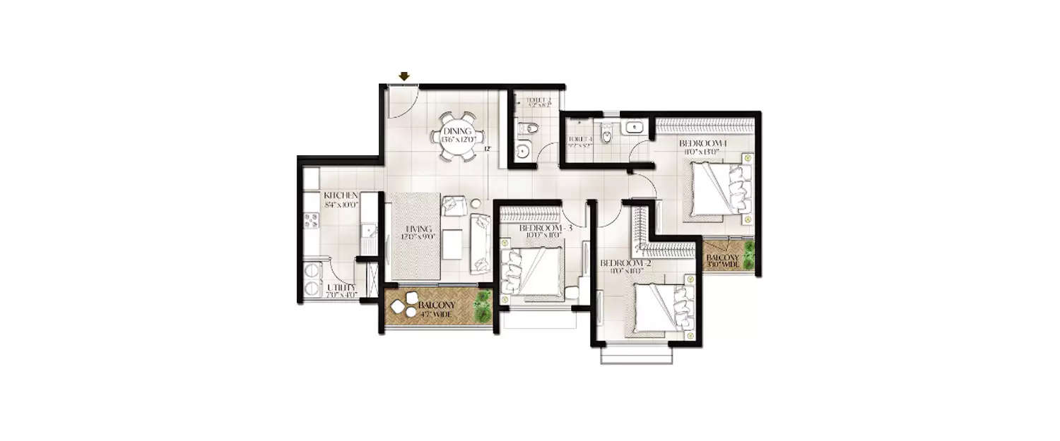 3 BHK Apartment 943 Sq.ft