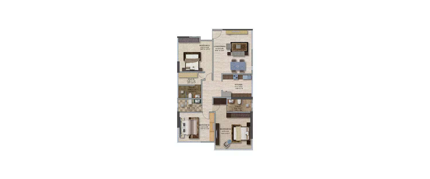 Floor plan for 3 BHK