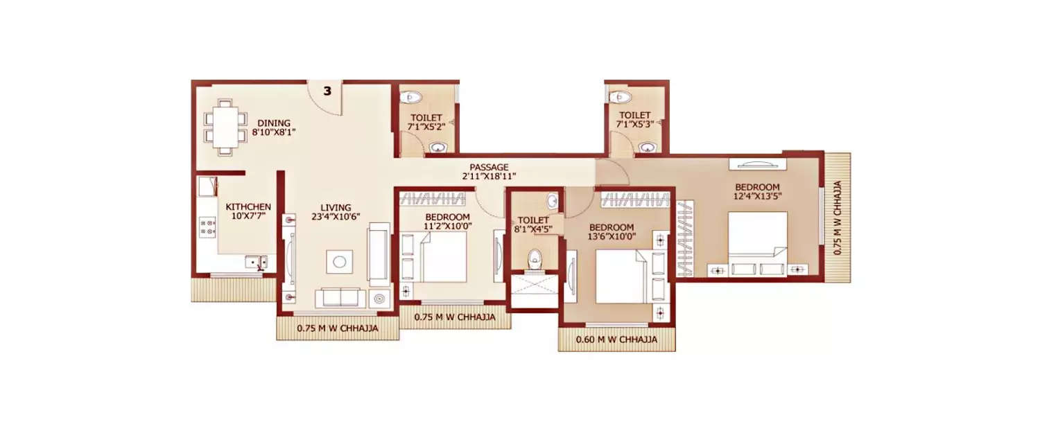 Floor plan for 3 BHK