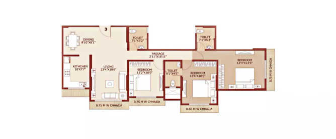 Safal Trademark Chembur - Floor plan 3 BHK 1041 Sq.ft