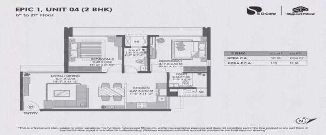 Shapoorji Pallonji Hello EPIC Sewri - Floor plan 2 BHK 605 Sq.ft