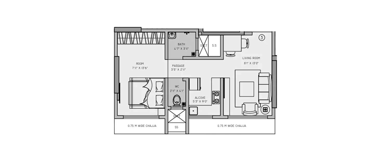 Floor plan for 1 BHK