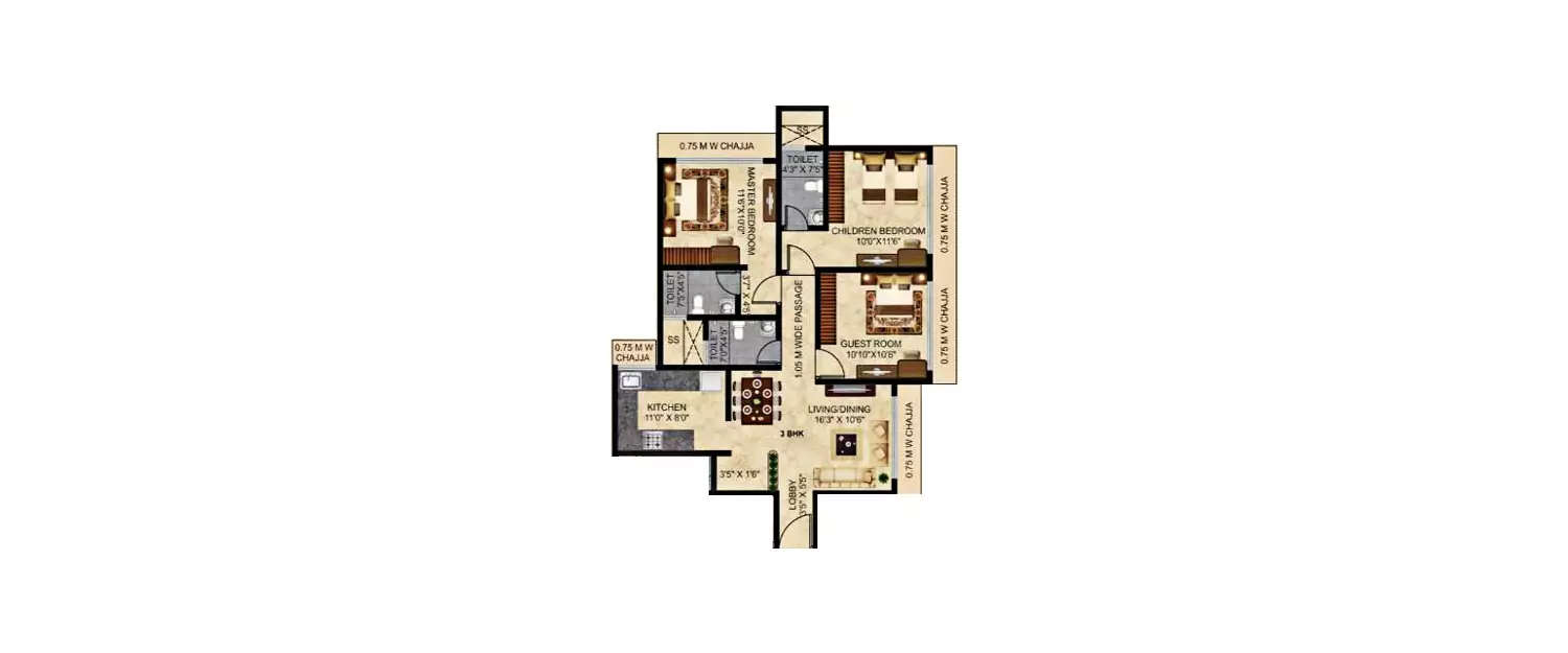 Floor plan for 3 BHK
