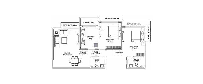UK Sangfroid Andheri - Floor plan 2 BHK 707 Sq.ft