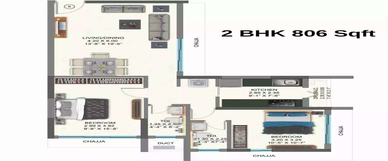 Floor plan for 2 BHK