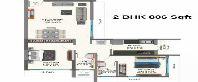 Raheja Ascencio Chandivali - Floor plan 2 BHK 806 Sq.ft