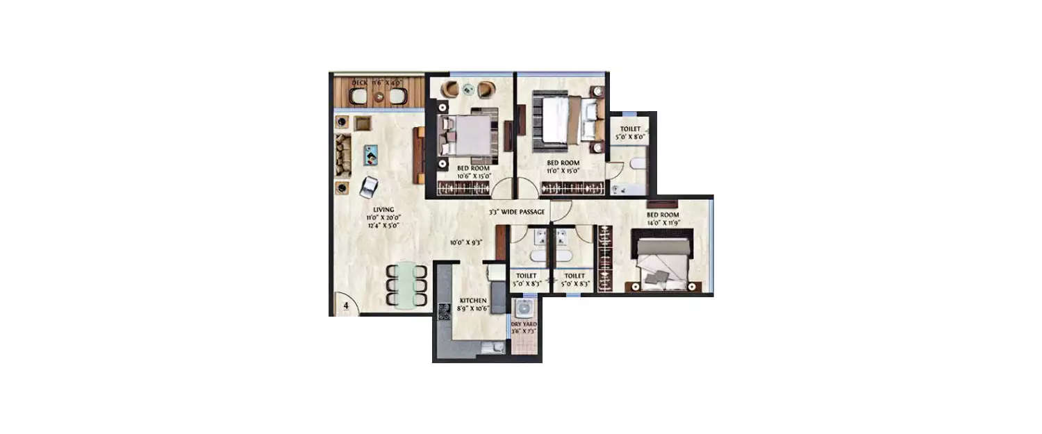 Floor plan for 3 BHK