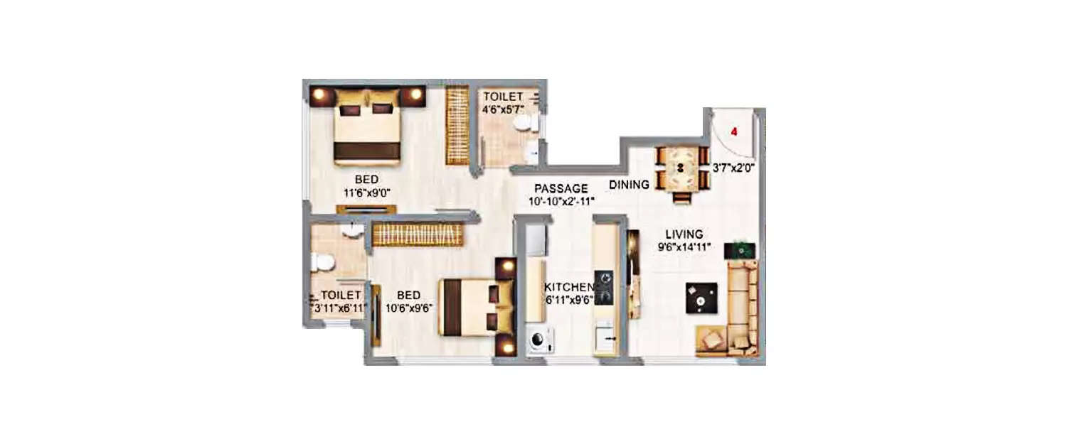 Floor plan for 2 BHK
