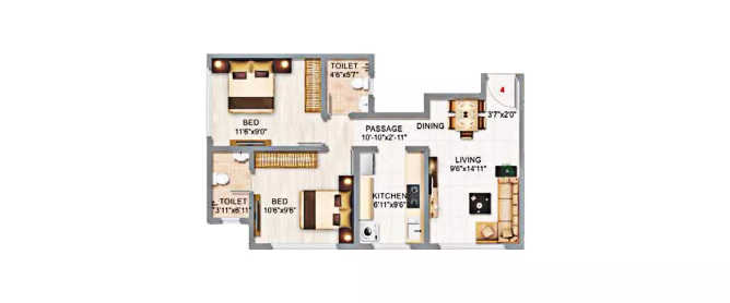 Adityaraj Gold Vikhroli - Floor plan 2 BHK 535 Sq.ft