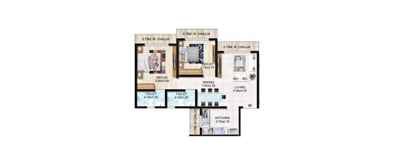 Floor plan for 2 BHK