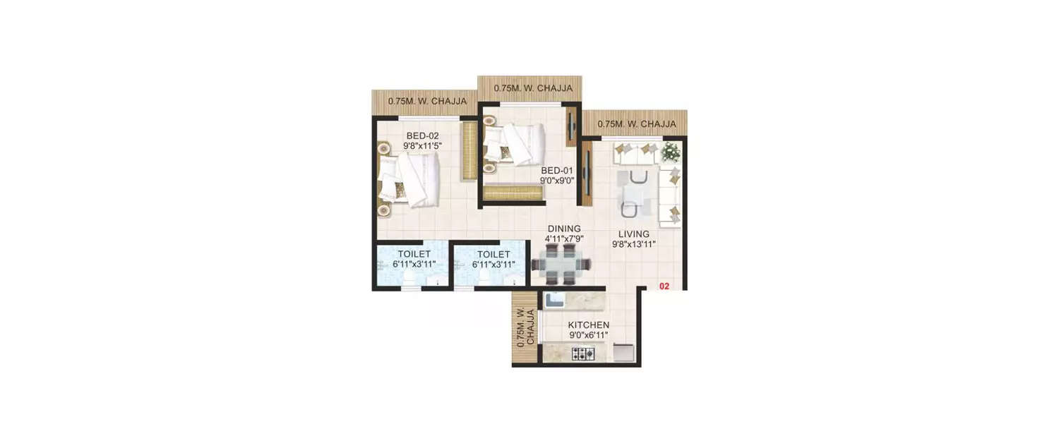Floor plan for 2 BHK