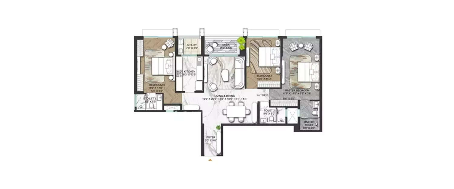 Floor plan for 3 BHK