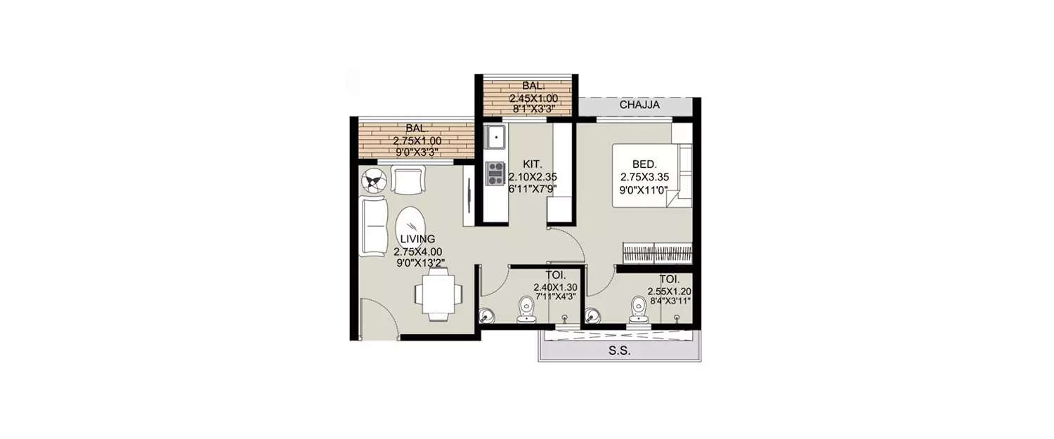 Floor plan for 1 BHK