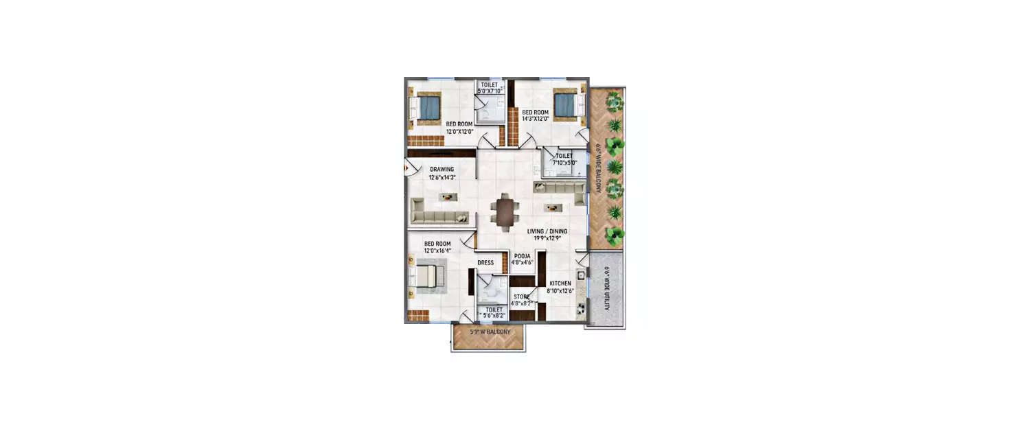 Floor plan for 3 BHK
