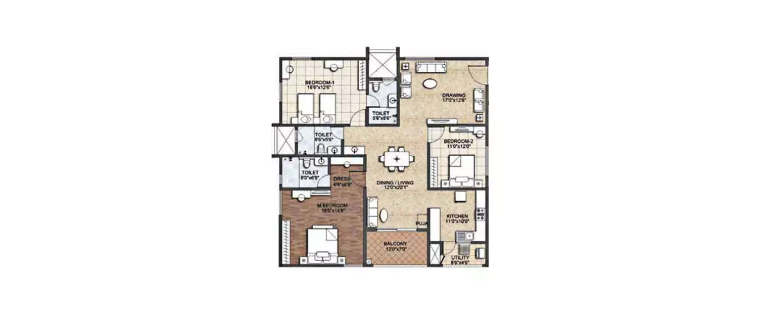 Floor plan for 3 BHK