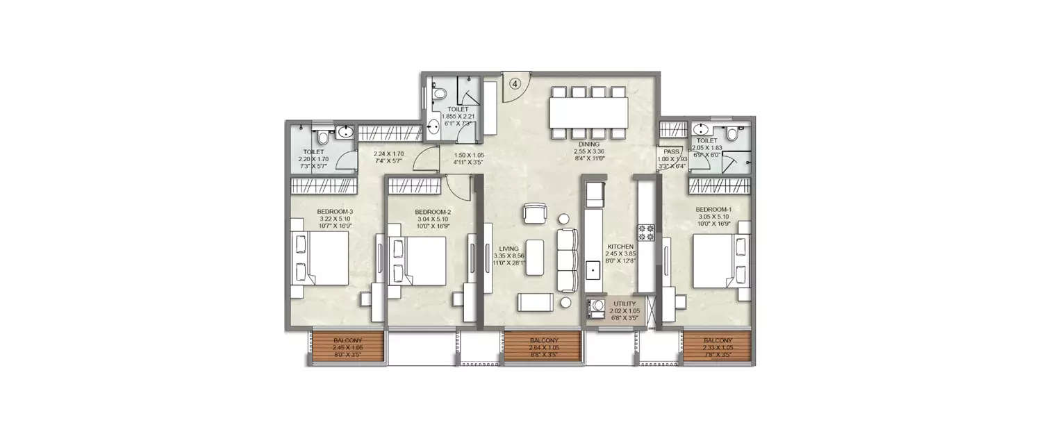 Floor plan for 3 BHK