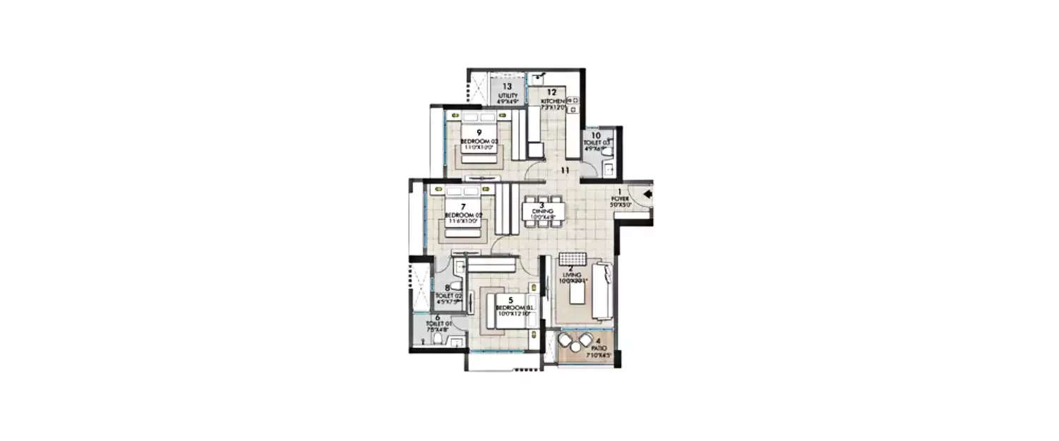 Floor plan for 3 BHK