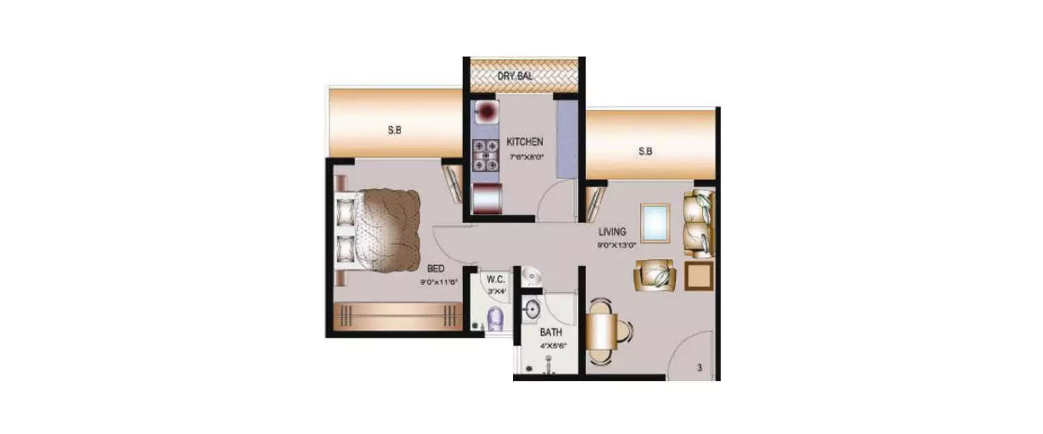 Floor plan for 1 BHK
