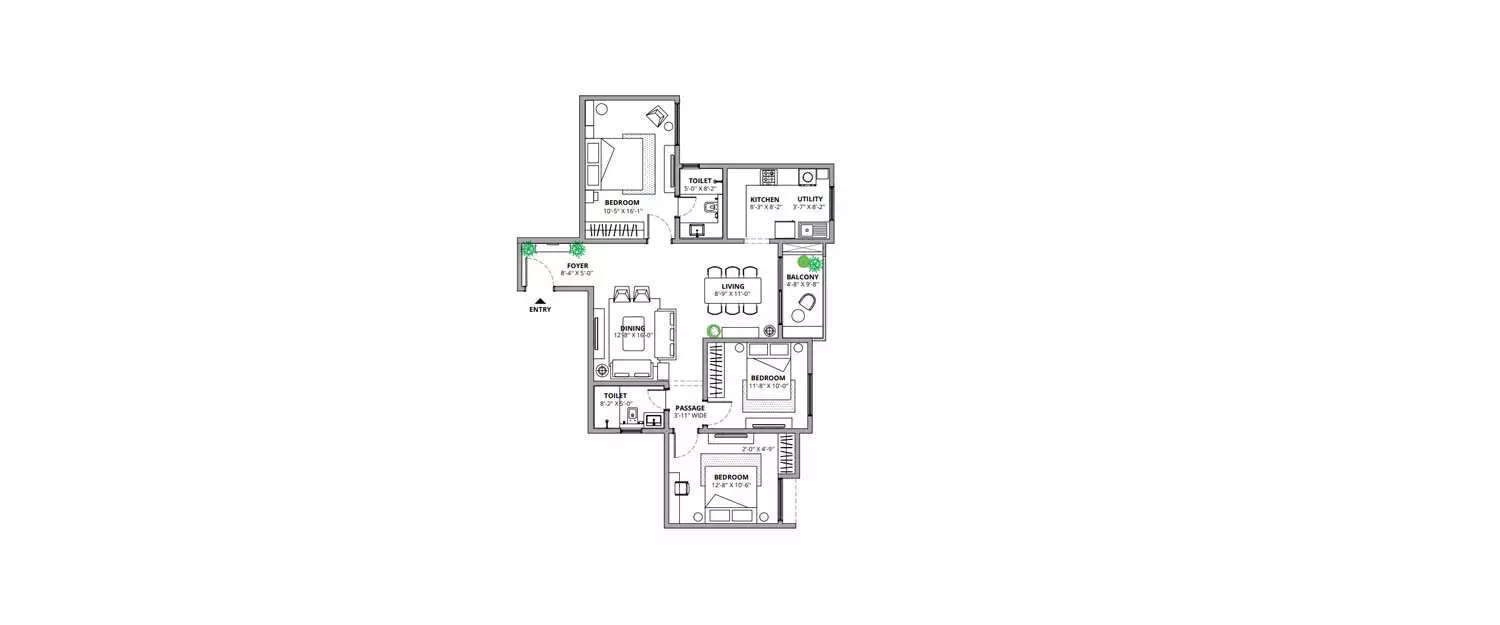 Floor plan for 3 BHK