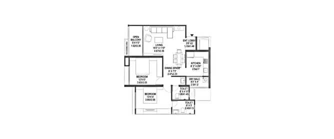 Mantra Codename Benchmark Akurdi - Floor plan 2 BHK 696 Sq.ft