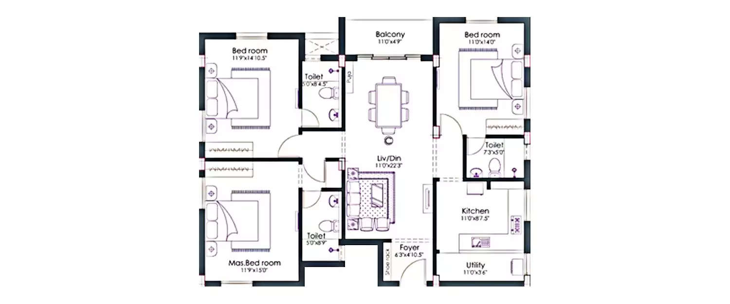3 BHK Apartment 1500 Sq.ft
