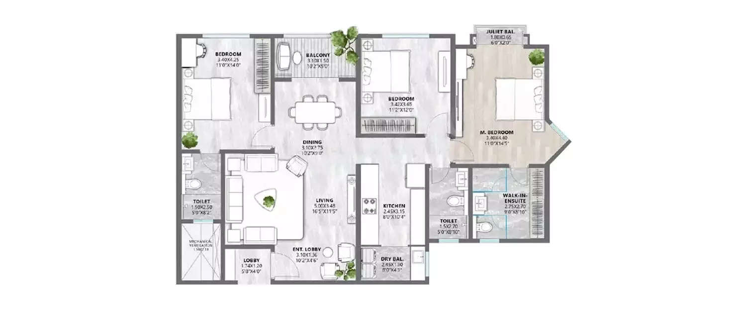 Floor plan for 3 BHK