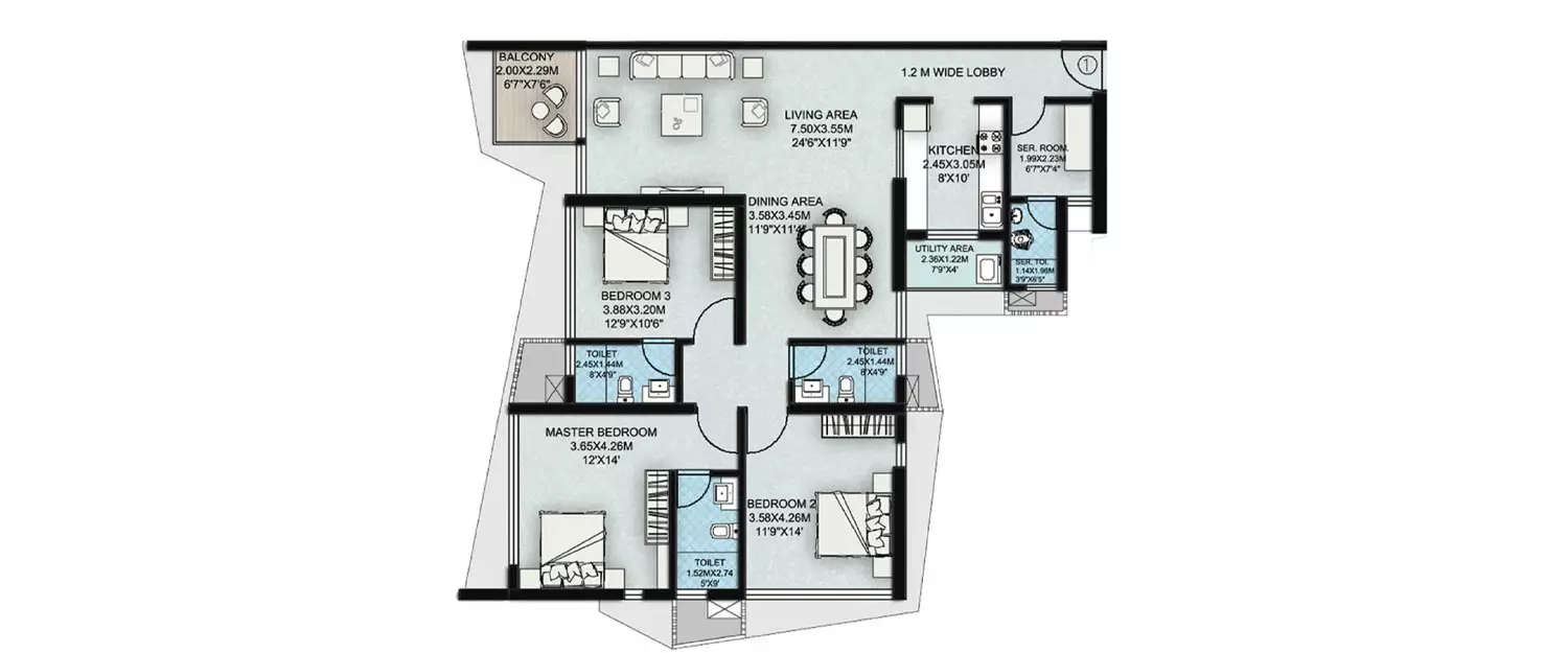 Floor plan for 3 BHK