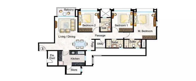 Hiranandani Heritage Kandivali Kandivali - Floor plan 3 BHK 969 Sq.ft
