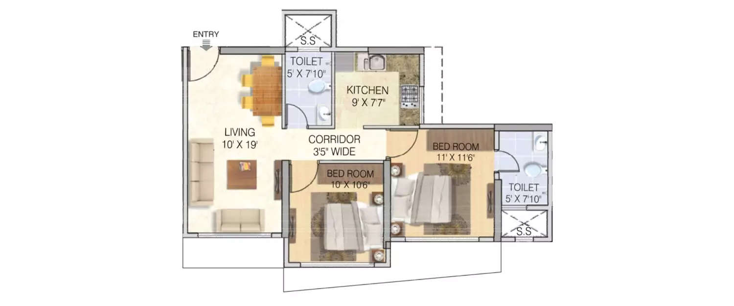 2 BHK Apartment 740 Sq.ft