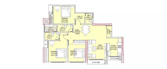 Vijay Enclave Ghodbunder Road - Floor plan 3 BHK 1000 Sq.ft