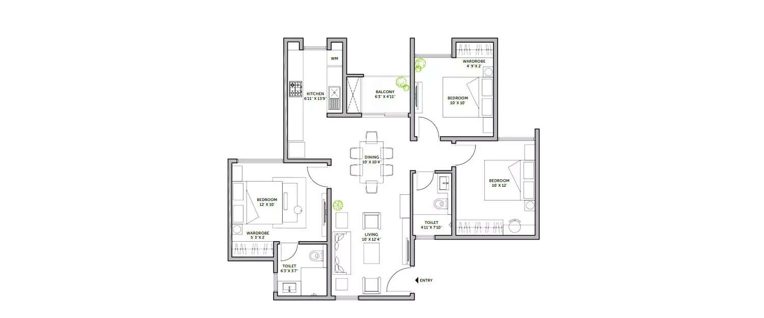 Floor plan for 3 BHK