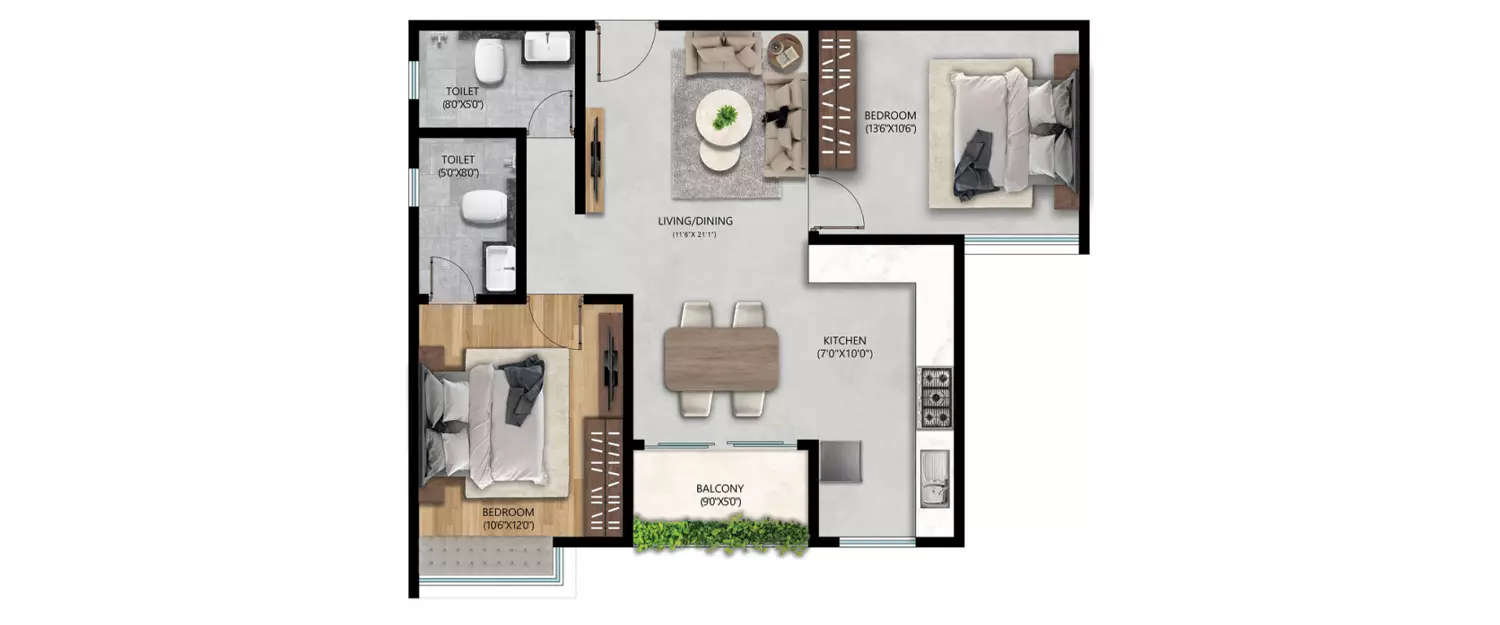 Floor plan for 2 BHK