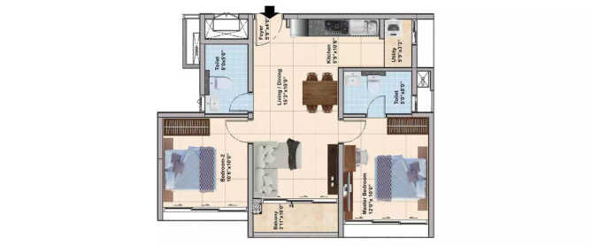 TVS Emerald Elements Kovilambakkam - Floor plan 2 BHK 934 Sq.ft