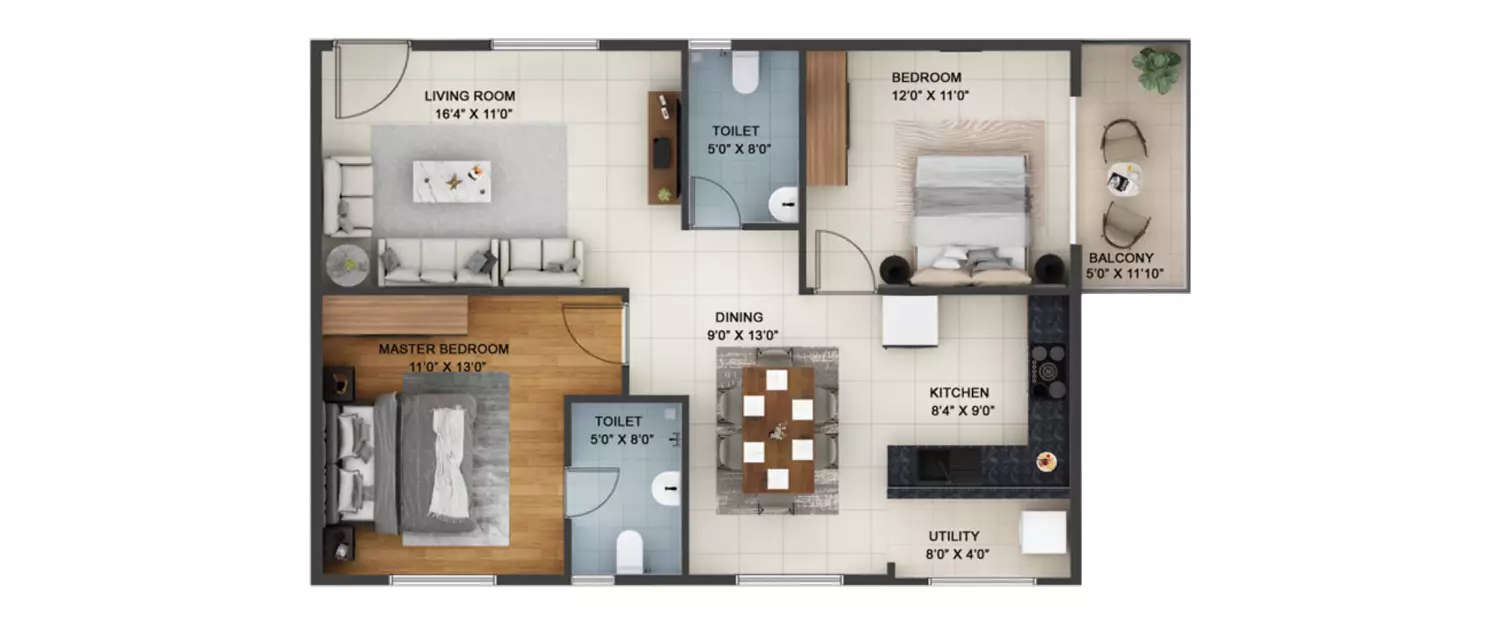 2 BHK Apartment 1255 Sq.ft