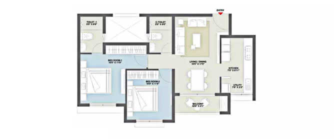 Century Novus Jakkur - Floor plan 2 BHK 1010 Sq.ft