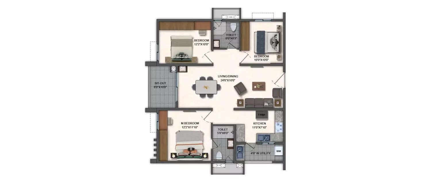 3 BHK Apartment 1260 Sq.ft