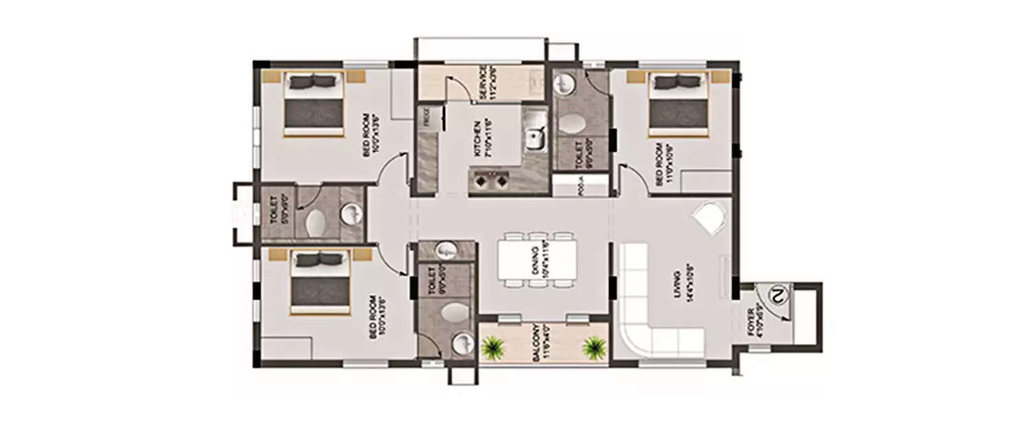 3 BHK Apartment 1416 Sq.ft