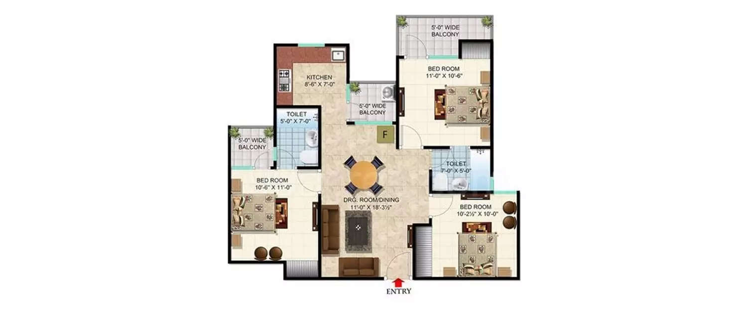 3 BHK Apartment 1312 Sq.ft
