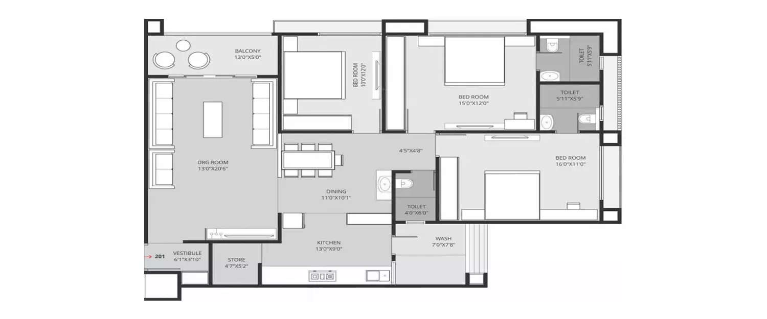 3 BHK Apartment 1500 Sq.ft
