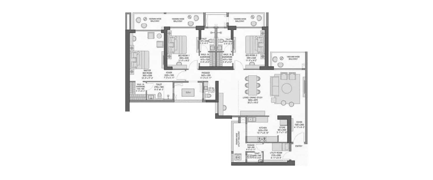 Floor plan for 3 BHK