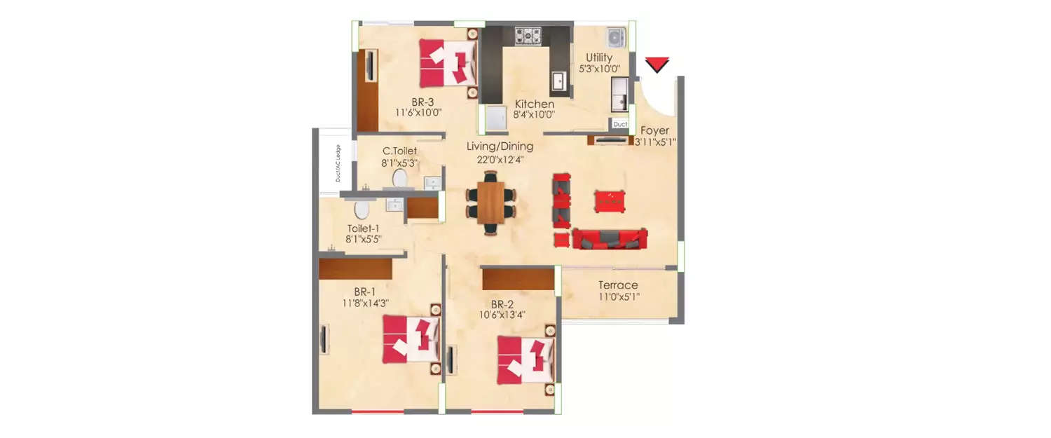 Floor plan for 3 BHK