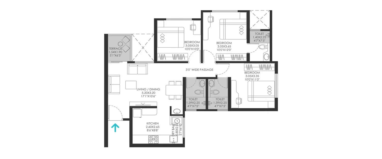Floor plan for 3 BHK