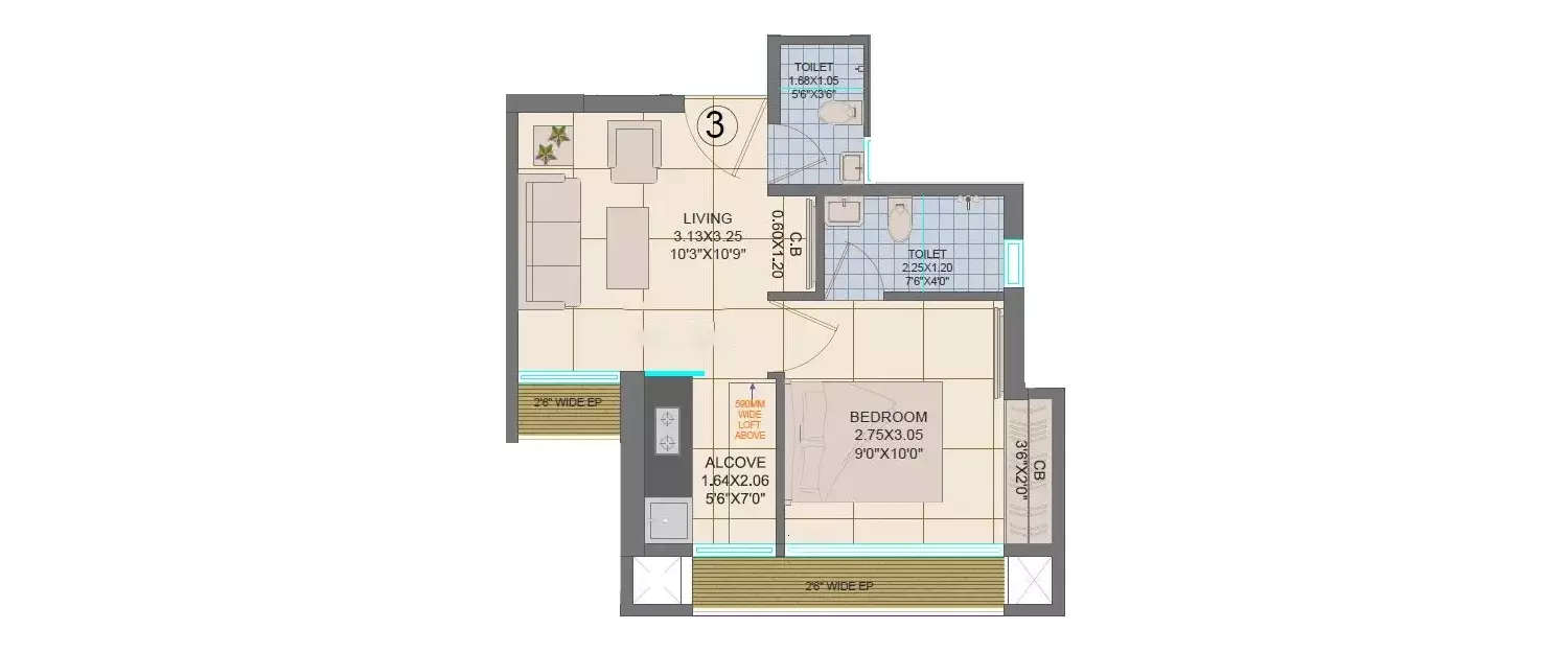 Floor plan for 1 BHK
