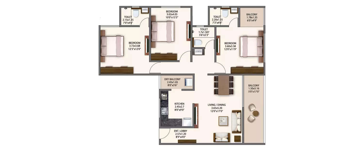 Floor plan for 3 BHK