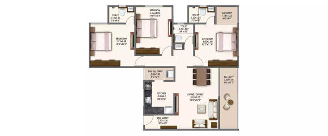 Mantra 99 Riverfront Baner - Floor plan 3 BHK 1100 Sq.ft