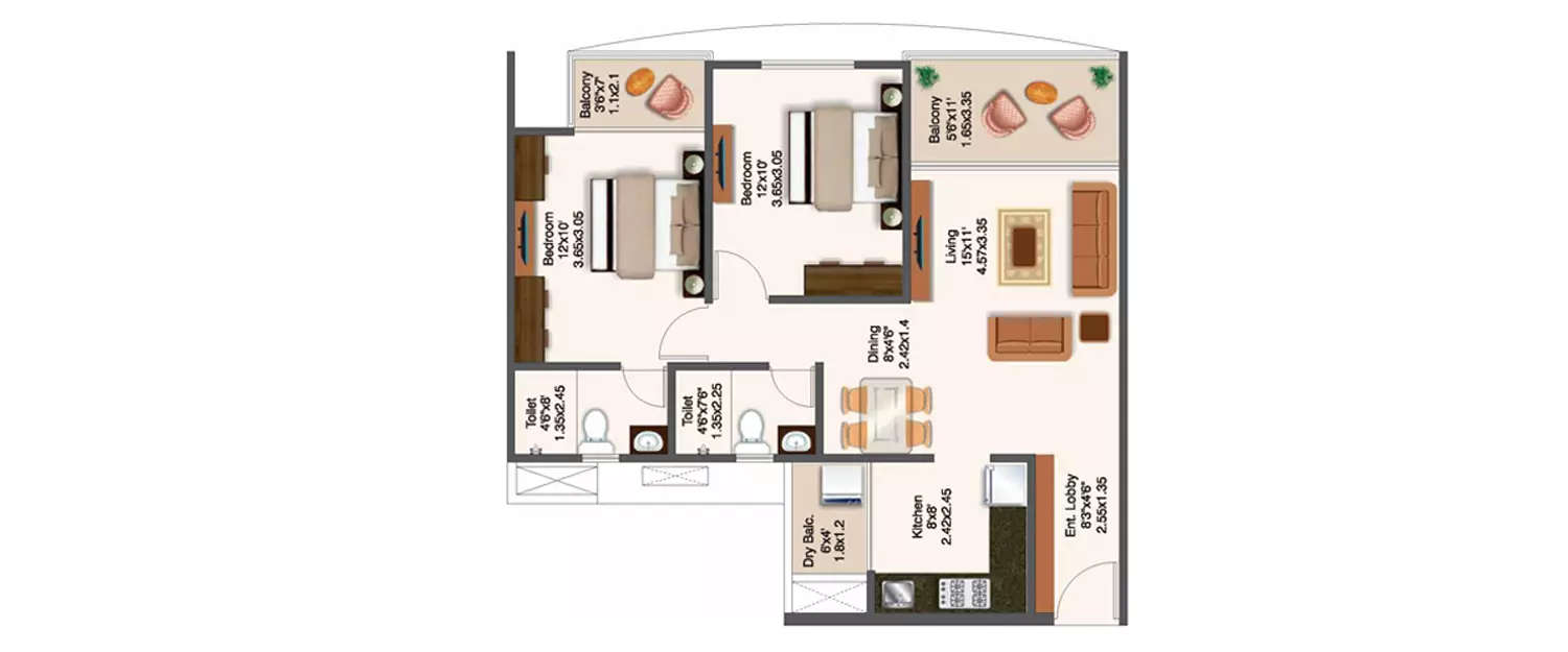 Floor plan for 2 BHK