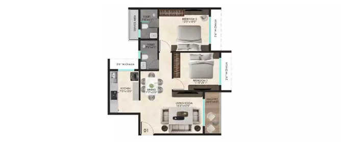 Tharwani Palladian Kharghar - Floor plan 2 BHK 617 Sq.ft