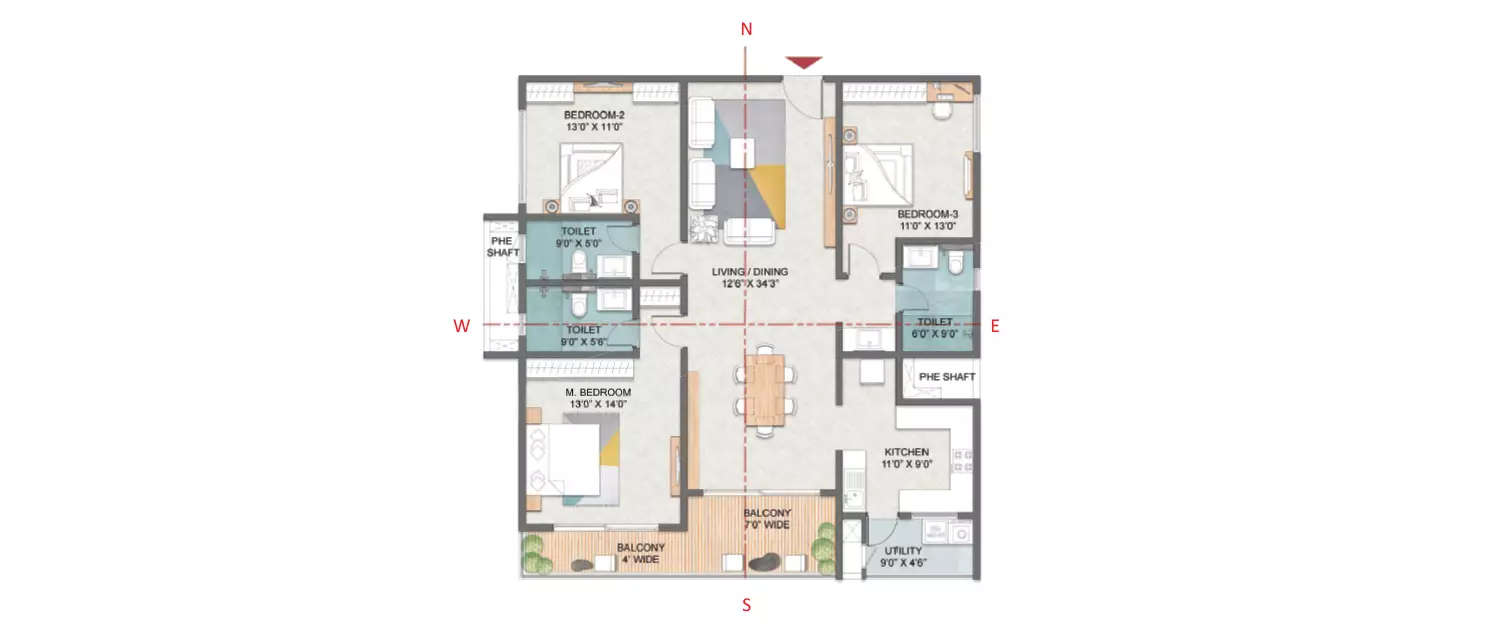 Floor plan for 3 BHK