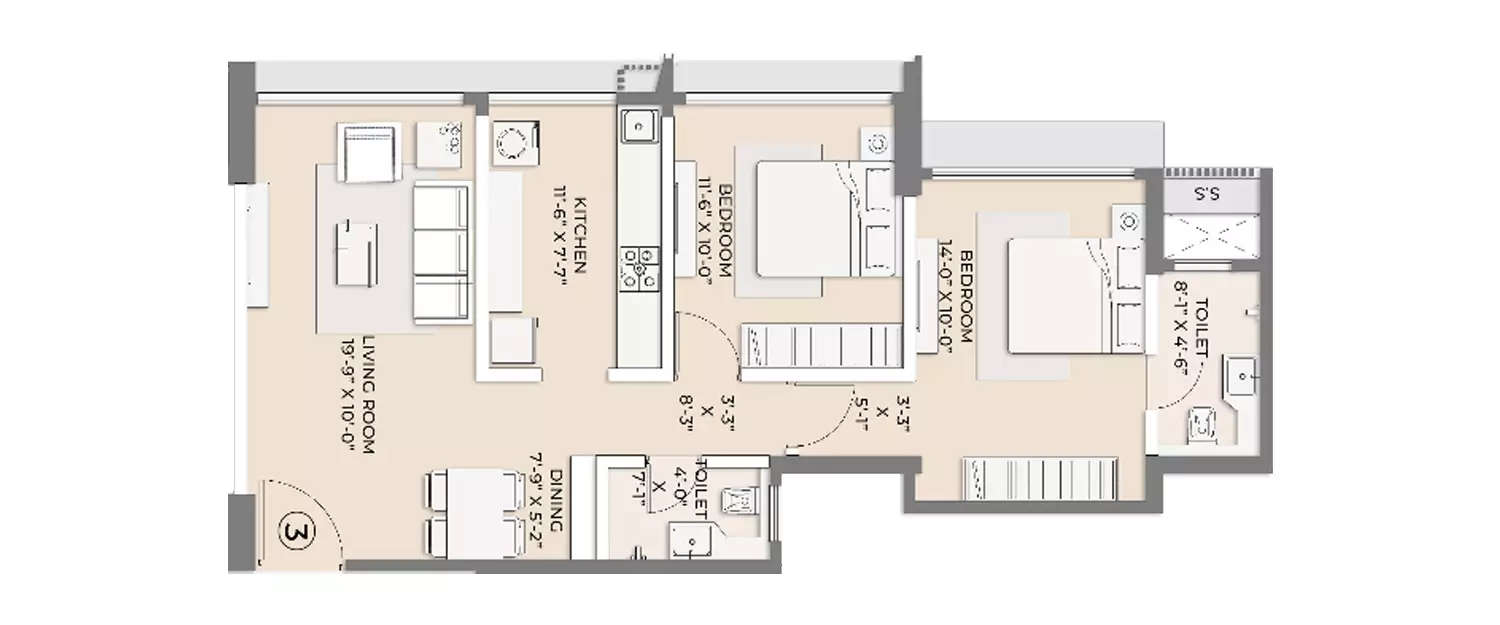 Floor plan for 2 BHK