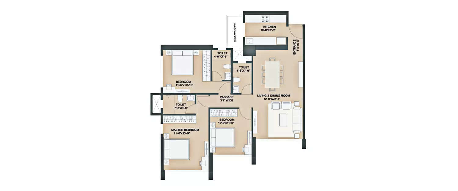 Floor plan for 3 BHK